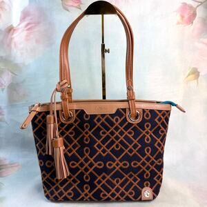 Spartina 449 Daufuskie Island Geometric Art Deco Natural Linen Leather Handbag